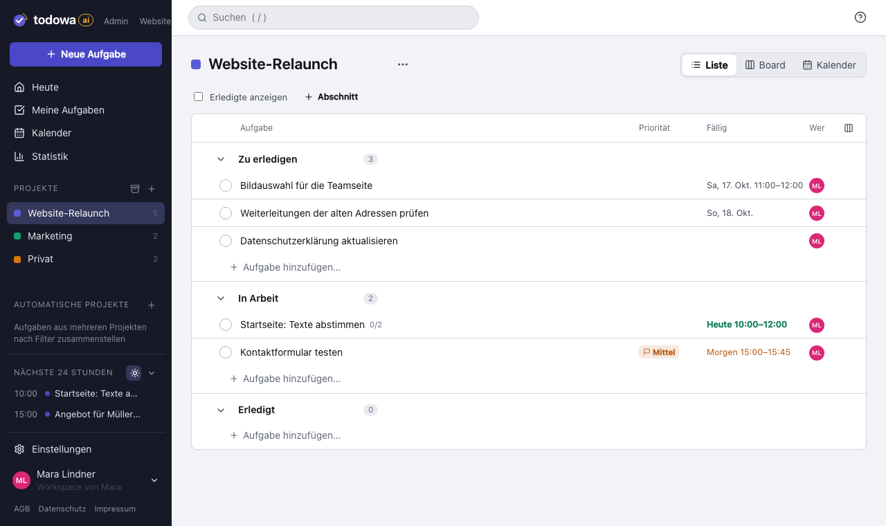 Todowa: Projekt als Board mit Abschnitten als Spalten