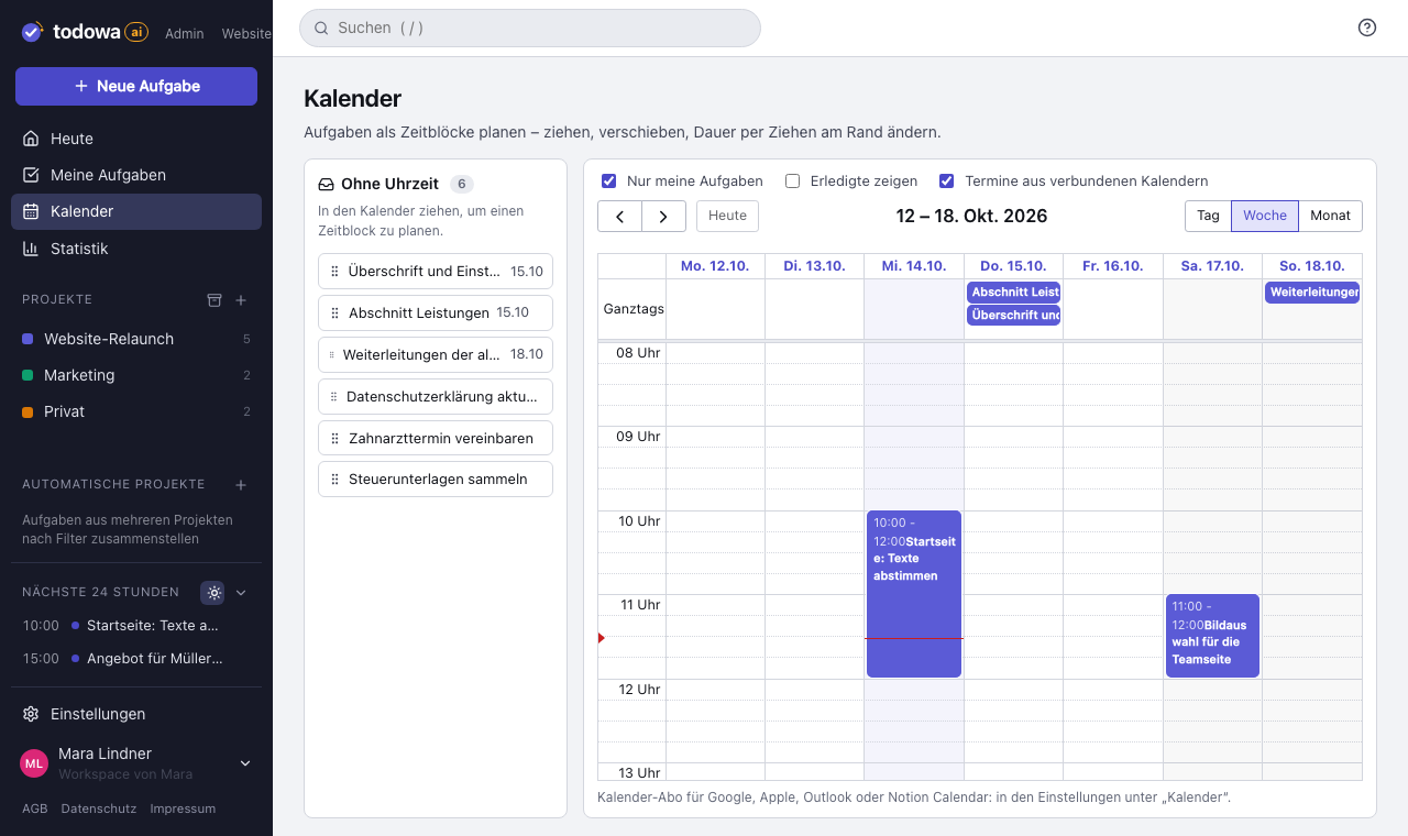 Todowa: Wochenkalender mit Aufgaben als Zeitblöcken